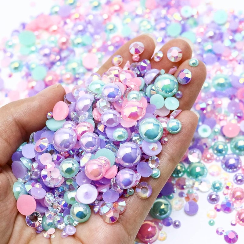 Towenm 60g Mix Pearls and Half Pearls for Crafts, Tumblers, Shoes, Face Nail Art, 2mm-10mm Mix Pearl Rhinestones for Bedazzling, Pink|Purple|Aquamarine - Image 2